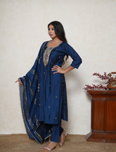sapphire blue embroidered kurta set with dupatta
